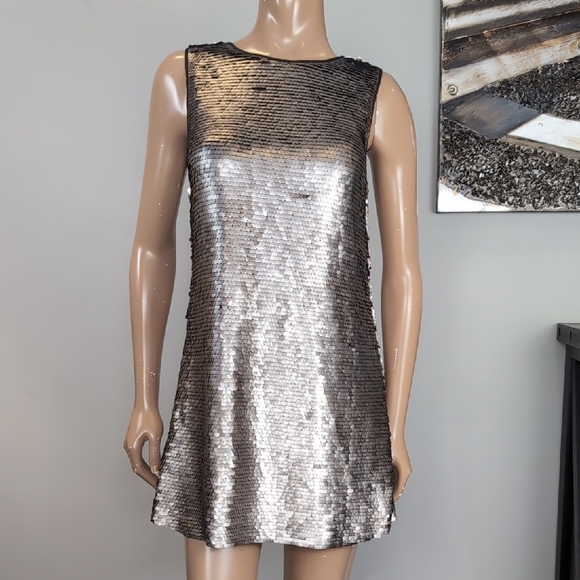 Zara Metallic Silver Sequin Mini Dress Womens Size Medium Sleeveless Shift Party - Picture 2 of 15